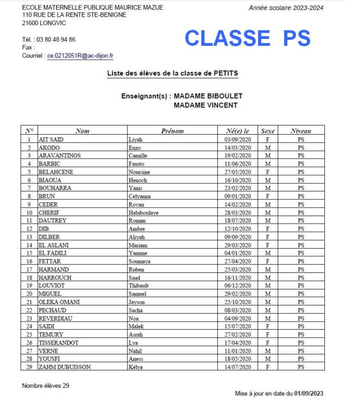 listes des classes 20232024 » Ecole maternelle Maurice Mazué